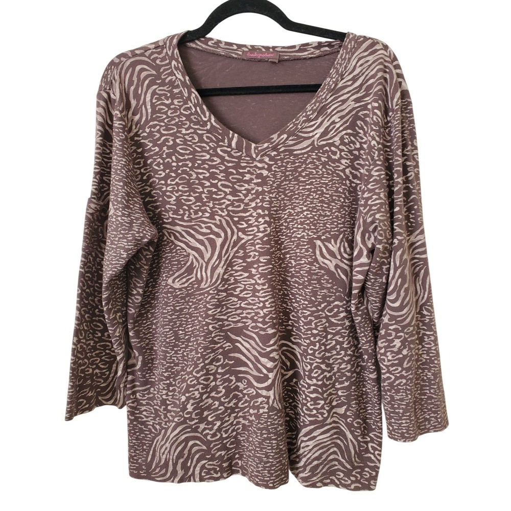 Fresh Produce Women's XXL Long Sleeve V‎ Neck Top Brown 100% Cotton Made In USA